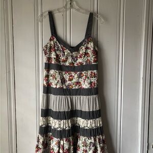 Nanette Lepore White Floral and Black Striped Tiered Midi Dress